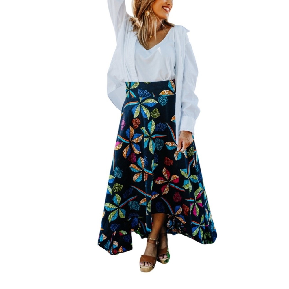 Crowned Free Ignite Skirt African Print‎ Hi-Low Skirt Pockets Tanzania L XL